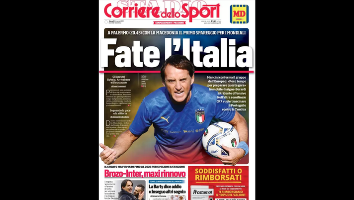 Prima Pagina, Corriere dello Sport: “Fate l’Italia. A Palermo il primo spareggio”  Prima Pagina