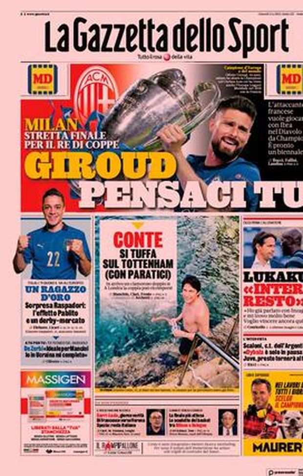 Prima Pagina, La Gazzetta dello Sport: “Giroud pensaci tu. Conte si tuffa sul Tottenham” Prima Pagina, La Gazzetta dello Sport: “Giroud pensaci tu. Conte si tuffa sul Tottenham”