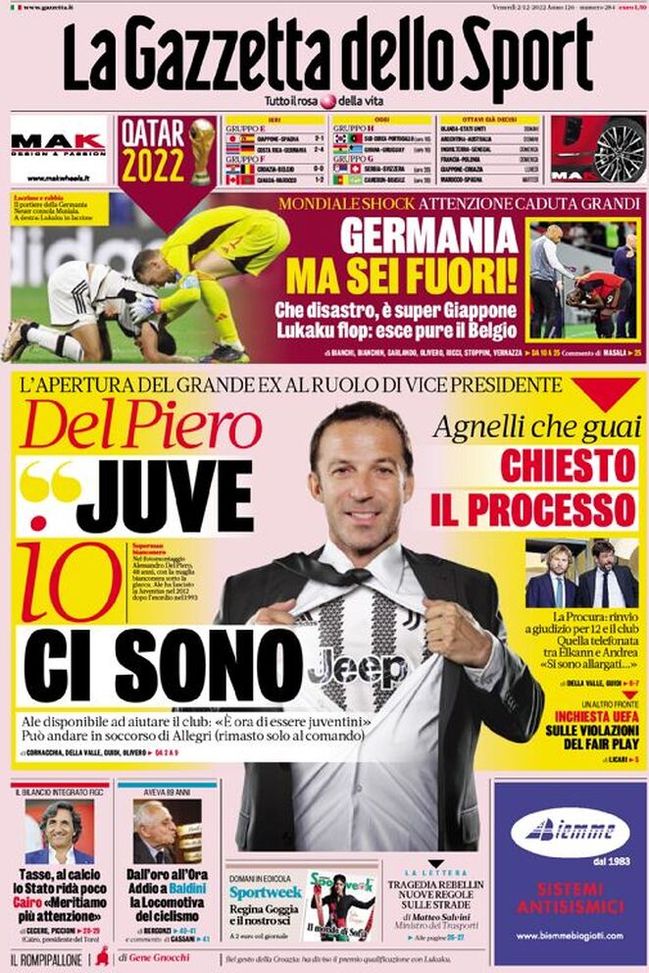 Prima pagina Gazzetta dello Sport 02/12/2022