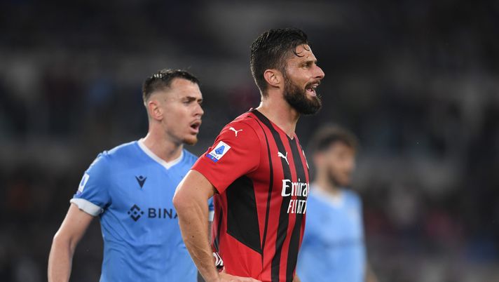 ROME, ITALY - APRIL 24: Olivier Giroud of AC Milan reacts during the Serie A match between SS Lazio and AC Milan at Stadio Olimpico on April 24, 2022 in Rome, Italy. (Photo by Claudio Villa/AC Milan via Getty Images) ROME, ITALY - APRIL 24: Olivier Giroud of AC Milan reacts during the Serie A match between SS Lazio and AC Milan at Stadio Olimpico on April 24, 2022 in Rome, Italy. (Photo by Claudio Villa/AC Milan via Getty Images)