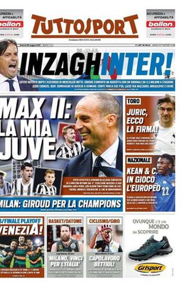 Prima Pagina, Tuttosport: “Max II: la mia Juve. Milan: Giroud per la Champions” Prima Pagina, Tuttosport: “Max II: la mia Juve. Milan: Giroud per la Champions”