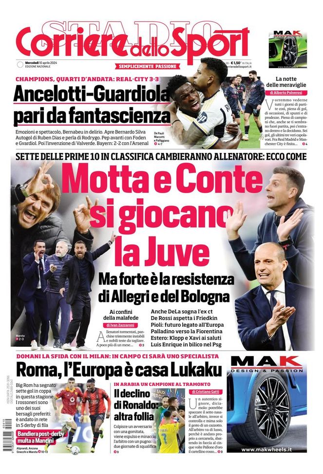 EDICOLA / CdS: Motta e Conte si giocano la Juve. Real-City: pari fantascienza - immagine 1