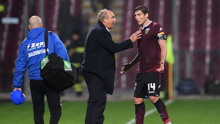 SALERNO, ITALY - NOVEMBER 30: Gian Piero Ventura US Salernitana coach and Francesco Di Tacchio of US Salernitana during the Serie B match between US Salernitana and Ascoli Calcio on November 30, 2019 in Salerno, Italy. (Photo by Francesco Pecoraro/Getty Images for Lega B) SALERNO, ITALY - NOVEMBER 30: Gian Piero Ventura US Salernitana coach and Francesco Di Tacchio of US Salernitana during the Serie B match between US Salernitana and Ascoli Calcio on November 30, 2019 in Salerno, Italy. (Photo by Francesco Pecoraro/Getty Images for Lega B)