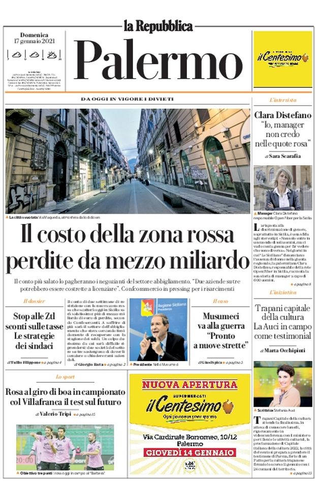 Prima Pagina, La Repubblica-Palermo: “Il costo della zona rossa. Rosa, col Villafranca il test sul futuro” 