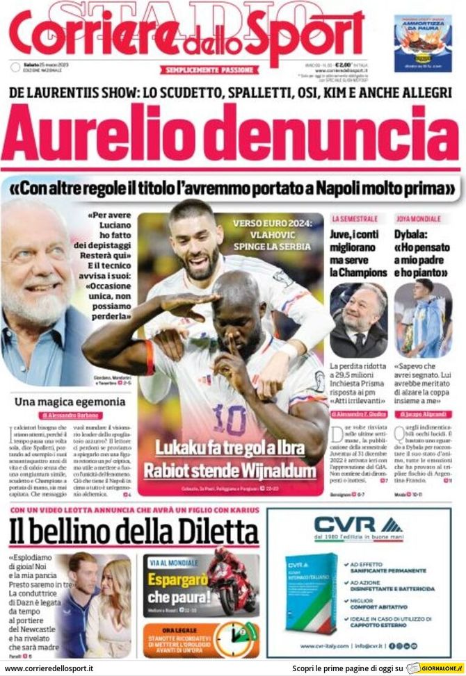 Prima pagina Corriere dello Sport 25/03/2023