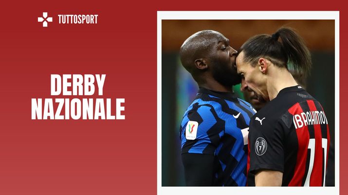 La lite tra Romelu Lukaku (attaccante Inter) e Zlatan Ibrahimovic (attaccante AC Milan) in occasione di Inter-Milan 2-1, derby di Coppa Italia della stagione 2020-2021 | News
