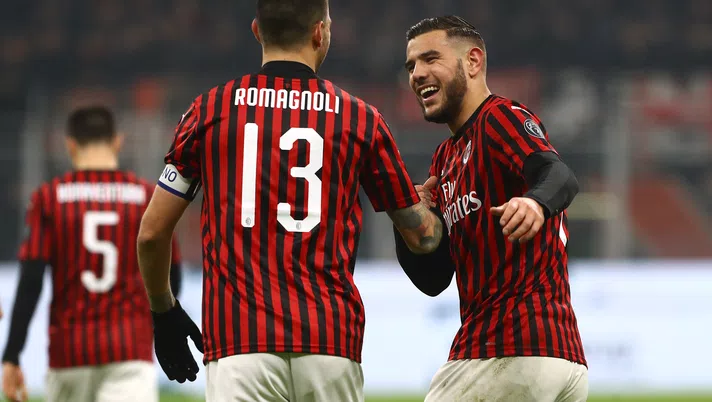 MILAN, ITALY - JANUARY 15: Theo Hernandez (R) of AC Milan celebrates his goal with his team-mate Alessio Romagnoli (L) during the Coppa Italia match between AC Milan and SPAL at Stadio Giuseppe Meazza on January 15, 2020 in Milan, Italy. (Photo by Marco Luzzani/Getty Images)