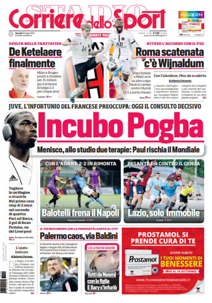 Il Corriere dello Sport, la prima pagina di oggi, giovedì 28 luglio 2022