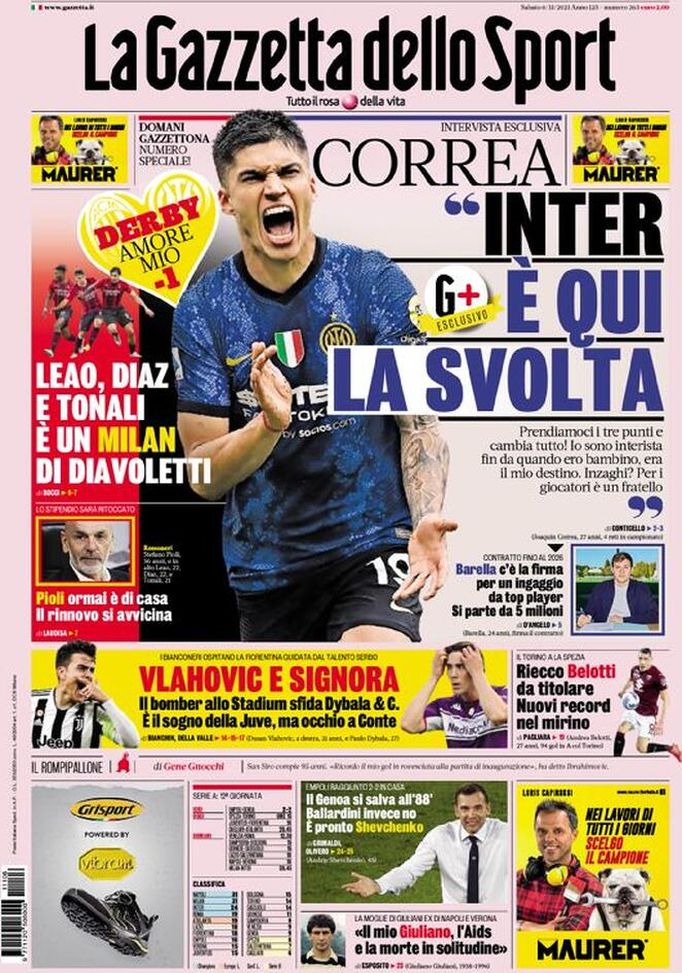 Prima Pagina, La Gazzetta dello Sport:”Inter, è qui la svolta! Vlahovic sfida Dybala” - immagine 1