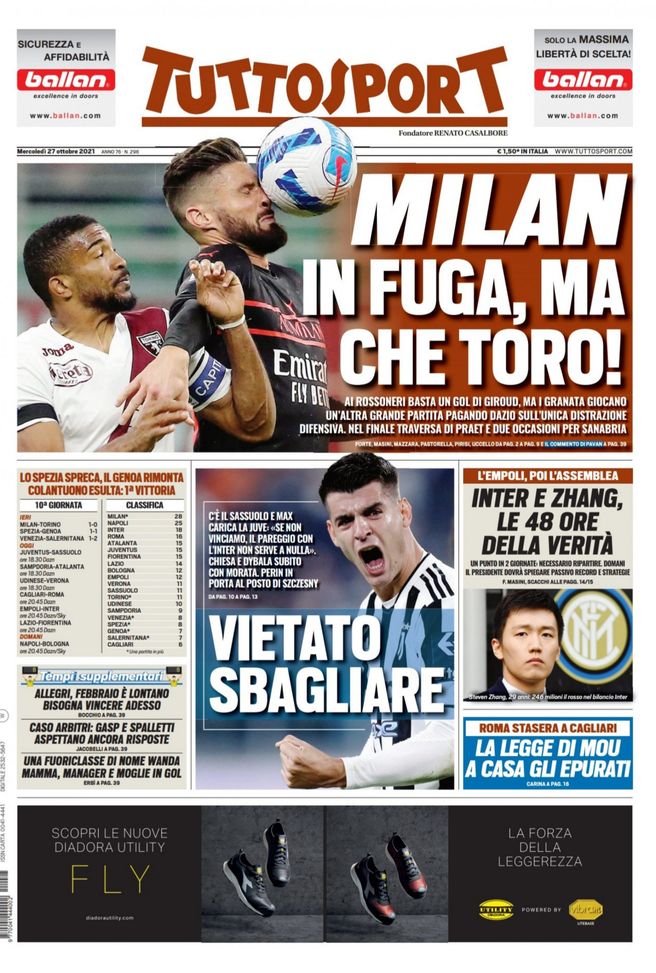 Prima Pagina, Tuttosport: “Milan in fuga, ma che Toro! Vietato sbagliare” - immagine 1