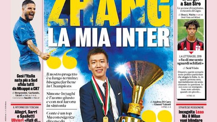 Prima Pagina, La Gazzetta dello Sport: “Zhang, la mia inter. Insigne alle stelle”