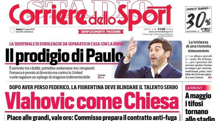 Prima Pagina, Corriere dello Sport: “Vlahovic come Chiesa, piace alle grandi e vale oro. Il prodigio di Paulo” 