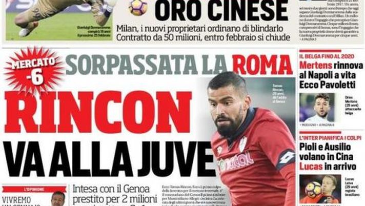 Prima Pagina, Corriere dello Sport: &#8220;Rincon-Juventus e svolta Dybala. Mertens al Napoli a vita&#8221; 