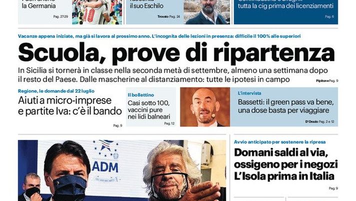 Prima Pagina, Giornale di Sicilia: “Scuola, prove di ripartenza. Fuori la Germania” Prima Pagina, Giornale di Sicilia: “Scuola, prove di ripartenza. Fuori la Germania”