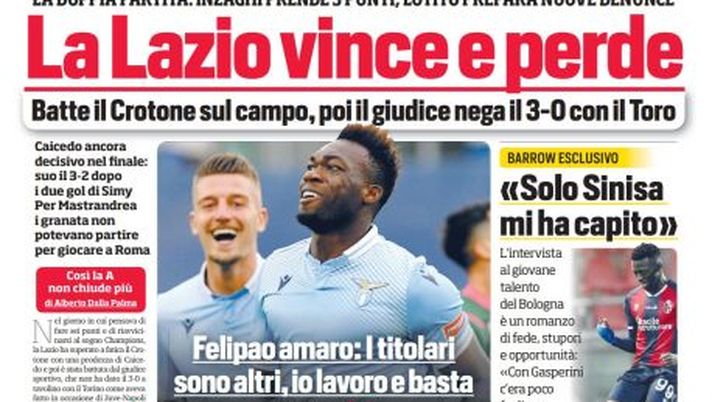 Prima Pagina, Corriere dello Sport: “La Lazio vince e perde. Juve-Napoli, accordo per giocare il 7 aprile” 