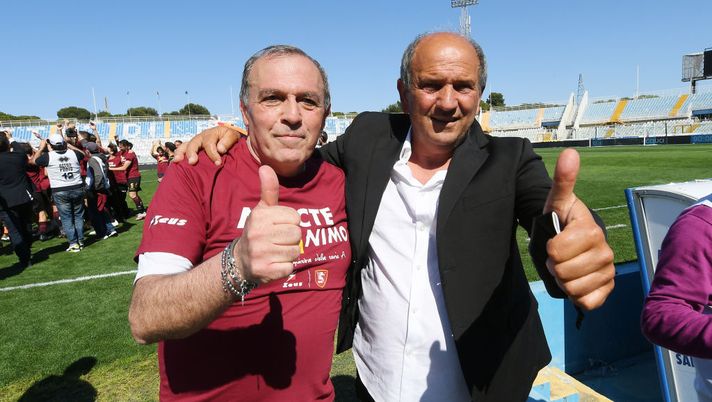 PESCARA, ITALY - MAY 10: Fabrizio Castori US Salernitana coach and Angelo Mariano Fabiani US Salernitana Sports director celebrate the victory of Serie B Championship after the Serie B match between Pescara Calcio and US Salernitana at Adriatico Stadium on May 10, 2021 in Pescara, Italy. (Photo by Francesco Pecoraro/Getty Images) PESCARA, ITALY - MAY 10: Fabrizio Castori US Salernitana coach and Angelo Mariano Fabiani US Salernitana Sports director celebrate the victory of Serie B Championship after the Serie B match between Pescara Calcio and US Salernitana at Adriatico Stadium on May 10, 2021 in Pescara, Italy. (Photo by Francesco Pecoraro/Getty Images)