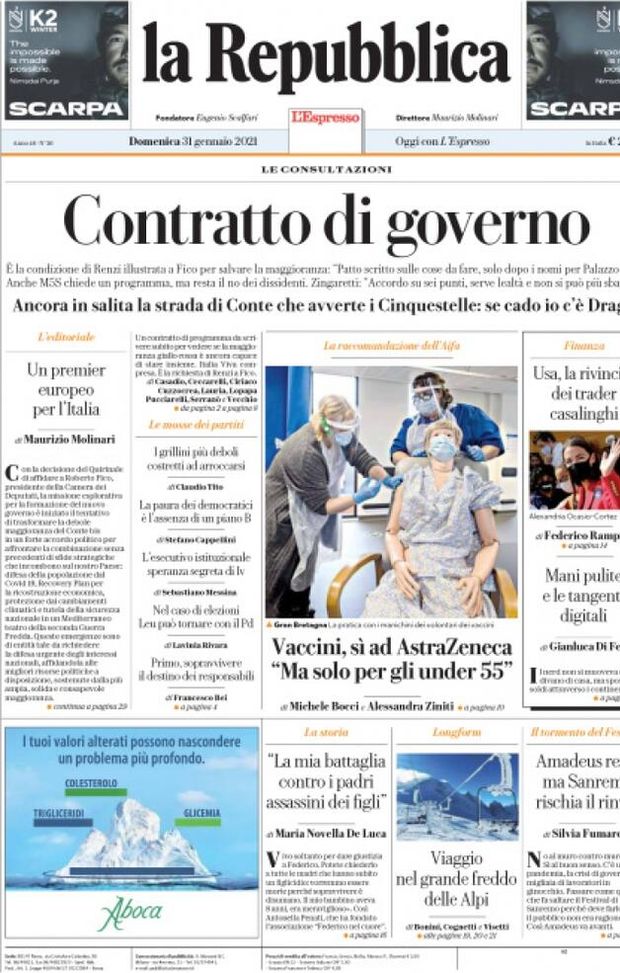Prima Pagina, La Repubblica: “Contratto di Governo! Covid, vaccini AstraZeneca solo agli under 55″ 