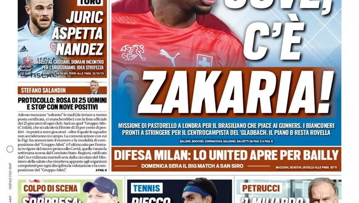 Prima Pagina, Tuttosport: “Juve, c’è Zakaria! Sensi: gol, saluti e baci” - immagine 1