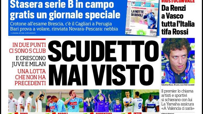 Prima Pagina, Corriere dello Sport: “Scudetto mai visto, in due punti 5 club. Dybala e la fiducia di Allegri. Tutti con la Valentino Rossi” Prima Pagina, Corriere dello Sport: “Scudetto mai visto, in due punti 5 club. Dybala e la fiducia di Allegri. Tutti con la Valentino Rossi”