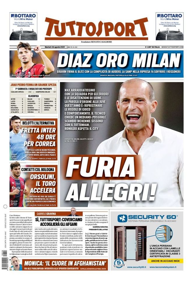 Prima Pagina, Tuttosport: “Furia Allegri! Ronaldo aspetta il City. Fretta Inter” Prima Pagina, Tuttosport: “Furia Allegri! Ronaldo aspetta il City. Fretta Inter”