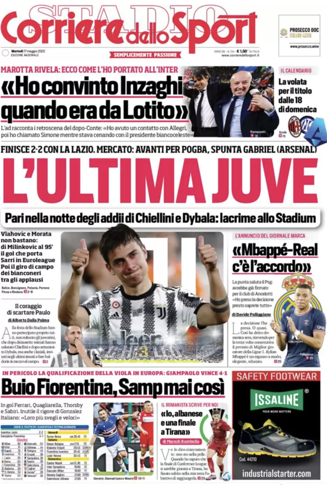 Prima Pagina, Corriere dello Sport: “L’ultima Juve, lacrime allo Stadium. Mbappé…”  prima pagina