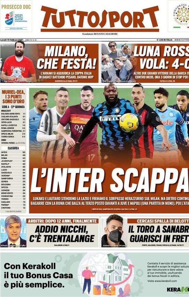 Prima pagina, Tuttosport: “L’Inter scappa! Lautaro e Lukaku stendono la Lazio”  Prima pagina, Tuttosport: “L’Inter scappa! Lautaro e Lukaku stendono la Lazio”