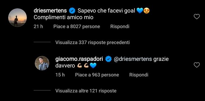 FOTO Raspadori in gol, Mertens: “Sapevo avresti segnato, complimenti amico mio”- immagine 2