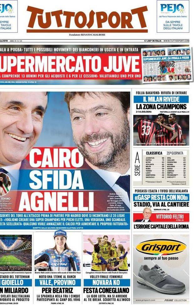 Prima Pagina, Tuttosport: “Cairo sfida Agnelli. Supermercato Juve. Il Milan rivede la Champions” Prima Pagina, Tuttosport: “Cairo sfida Agnelli. Supermercato Juve. Il Milan rivede la Champions”