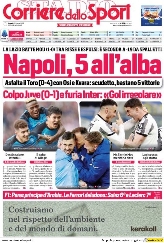 Prima pagina Corriere dello Sport 20/03/2023