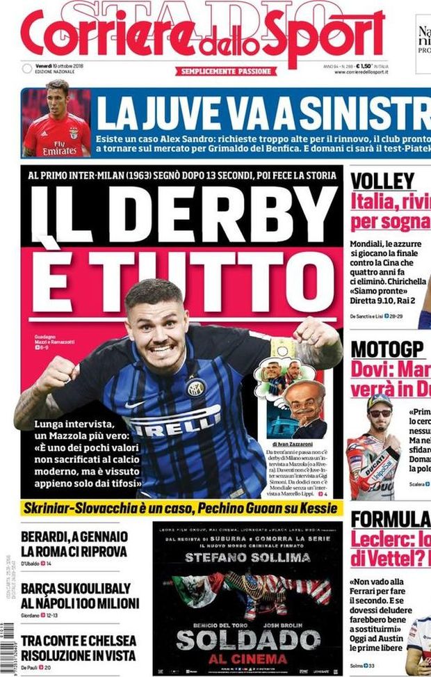 Prima Pagina, Corriere dello Sport: “Il derby è tutto. La Juve va a sinistra. Berardi, la Roma ci riprova…” Prima Pagina, Corriere dello Sport: “Il derby è tutto. La Juve va a sinistra. Berardi, la Roma ci riprova…”