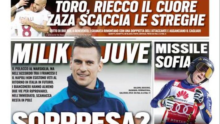 Prima Pagina, Tuttosport: “Milik-Juve, sorpresa? Ibra e la Dea, sfida da record. Inter a Udine per l’aggancio” 