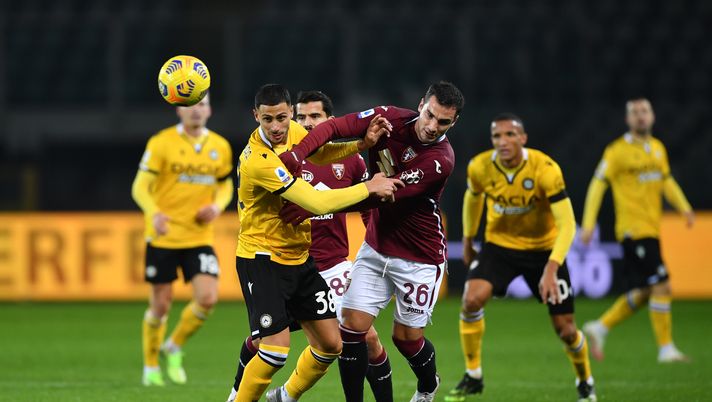 TURIN, ITALY - DECEMBER 12: Rolando Mandragora of Udinese Calcio and Federico Bonazzoli of Torino F.C. battle for the ball during the Serie A match between Torino FC and Udinese Calcio at Stadio Olimpico di Torino on December 12, 2020 in Turin, Italy. Sporting stadiums around Italy remain under strict restrictions due to the Coronavirus Pandemic as Government social distancing laws prohibit fans inside venues resulting in games being played behind closed doors. (Photo by Valerio Pennicino/Getty Images) TURIN, ITALY - DECEMBER 12: Rolando Mandragora of Udinese Calcio and Federico Bonazzoli of Torino F.C. battle for the ball during the Serie A match between Torino FC and Udinese Calcio at Stadio Olimpico di Torino on December 12, 2020 in Turin, Italy. Sporting stadiums around Italy remain under strict restrictions due to the Coronavirus Pandemic as Government social distancing laws prohibit fans inside venues resulting in games being played behind closed doors. (Photo by Valerio Pennicino/Getty Images)