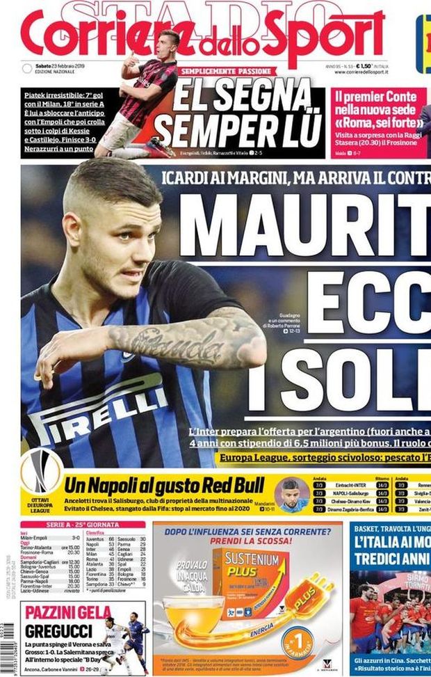 Prima Pagina, Corriere dello Sport: “Maurito, ecco i soldi. El segna semper lü. Napoli al gusto Red Bull…” Prima Pagina, Corriere dello Sport: “Maurito, ecco i soldi. El segna semper lü. Napoli al gusto Red Bull…”