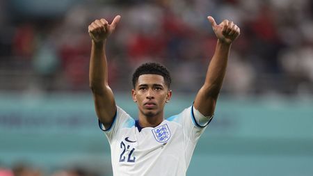 DOHA, QATAR - NOVEMBER 21: Jude Bellingham of England during the FIFA World Cup Qatar 2022 Group B match between England and IR Iran at Khalifa International Stadium on November 21, 2022 in Doha, Qatar. (Photo by Richard Heathcote/Getty Images)