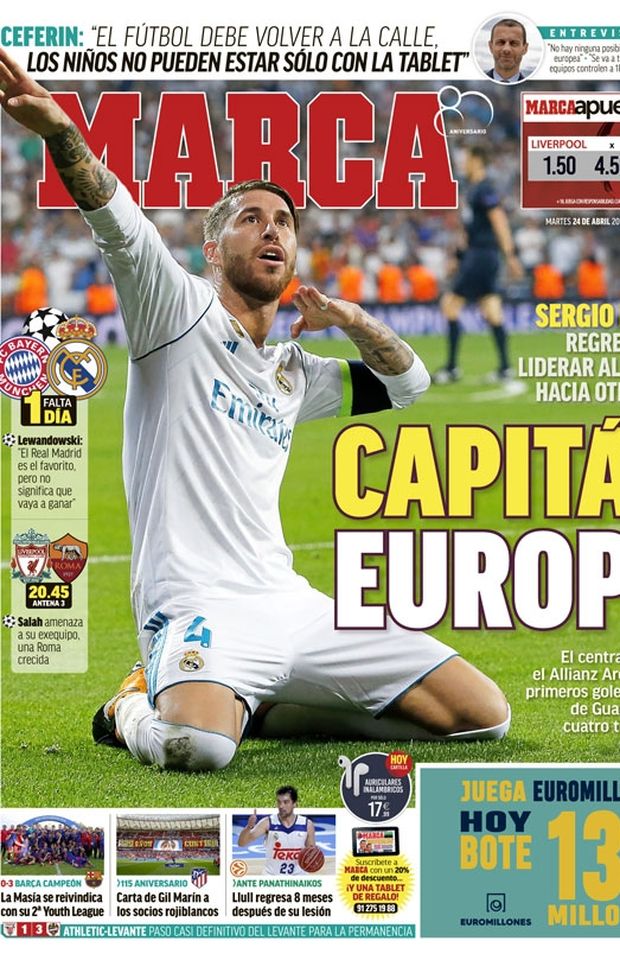 Prima Pagina, Marca: “Capitan Europa. Liverpool-Roma, Salah minaccia la sua ex squadra. Čeferin: ‘Il calcio deve tornare in strada’…” Prima Pagina, Marca: “Capitan Europa. Liverpool-Roma, Salah minaccia la sua ex squadra. Čeferin: ‘Il calcio deve tornare in strada’…”