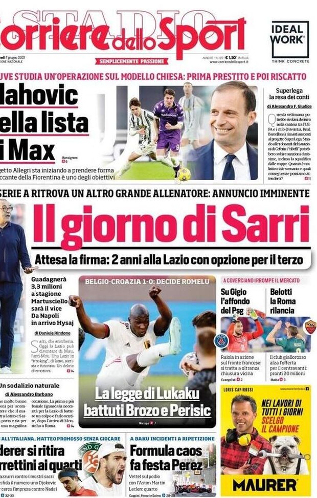 Prima Pagina, Corriere dello Sport: Il giorno di Sarri! La legge di Lukaku” 