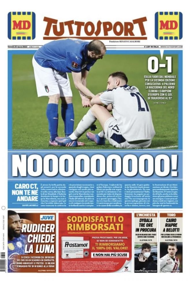 Prima Pagina, Tuttosport: “Nooooooooo! Italia fuori dal Mondiale” - immagine 1