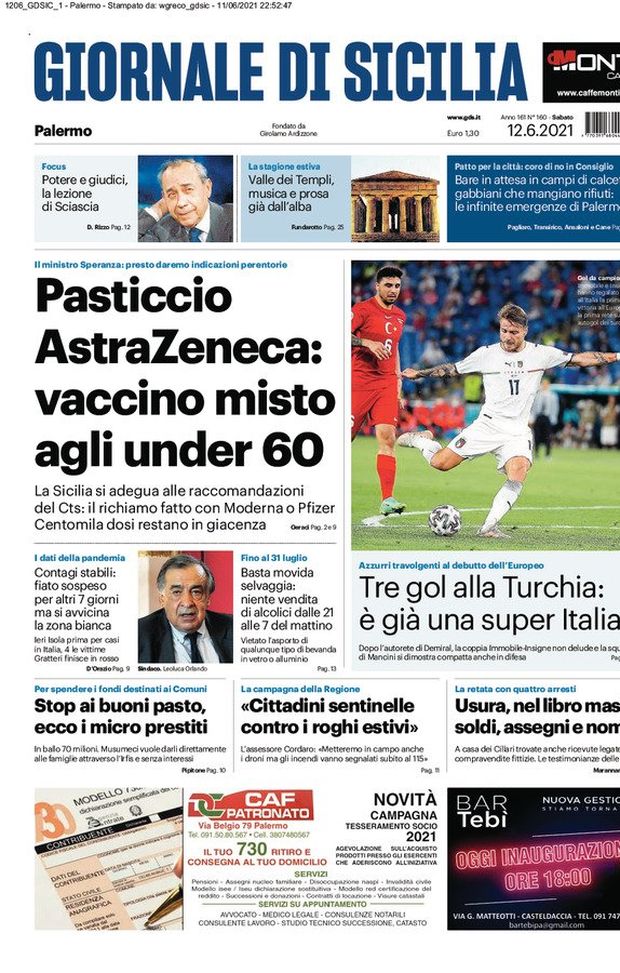 Prima Pagina, Giornale di Sicilia: “Pasticcio AstraZeneca. È già Super Italia” 