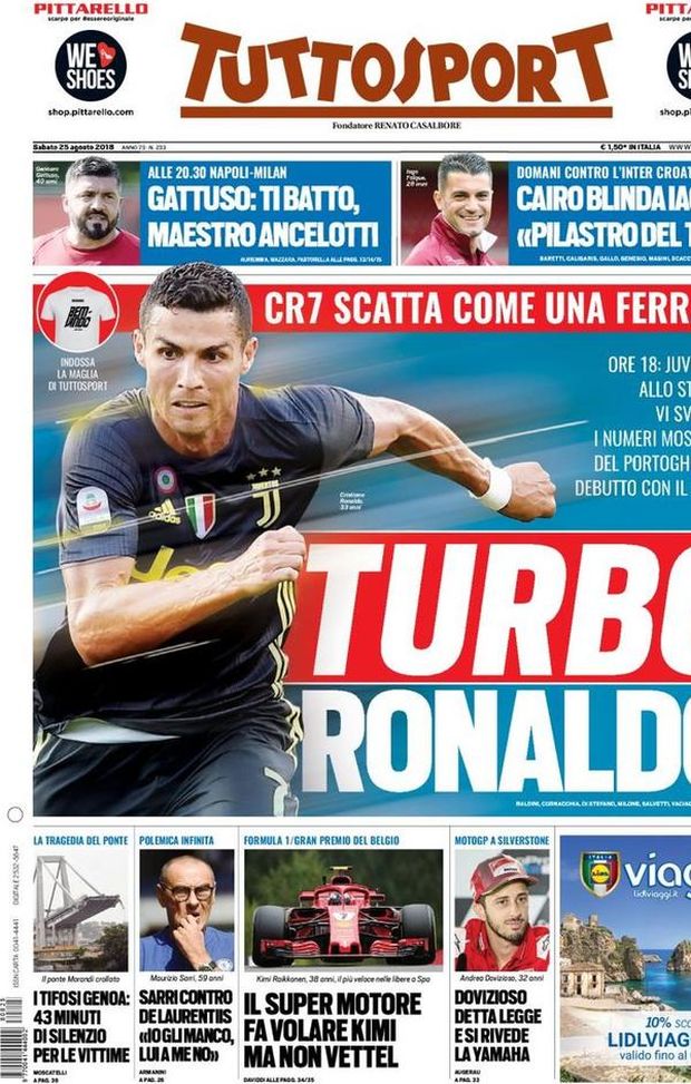 Prima Pagina, Tuttosport: “Turbo Ronaldo. Gattuso: ti batto, maestro Ancelotti. Sarri contro De Laurentiis…” Prima Pagina, Tuttosport: “Turbo Ronaldo. Gattuso: ti batto, maestro Ancelotti. Sarri contro De Laurentiis…”
