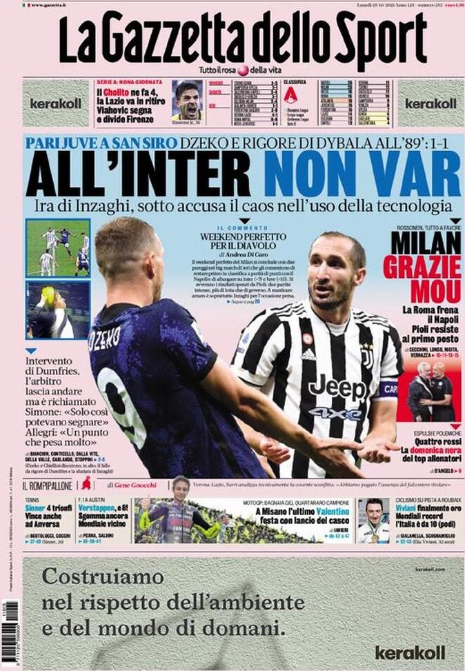 Prima Pagina, La Gazzetta dello Sport: “All’Inter non VAR! Milan, grazie Mou” Prima Pagina, La Gazzetta dello Sport: “All’Inter non VAR! Milan, grazie Mou” - immagine 1