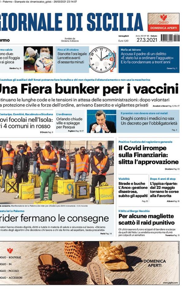 Prima Pagina, Giornale di Sicilia: “Una fiera bunker per i vaccini. Nuovi focolai, altri comuni in rosso” 