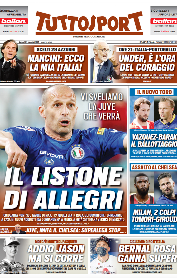 Prima Pagina, Tuttosport: “Il listone di Allegri. Mancini, ecco la mia Italia!” Prima Pagina, Tuttosport: “Il listone di Allegri. Mancini, ecco la mia Italia!”