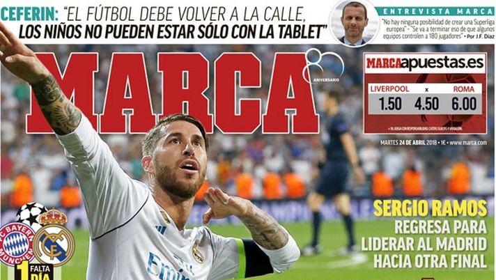 Prima Pagina, Marca: &#8220;Capitan Europa. Liverpool-Roma, Salah minaccia la sua ex squadra. Čeferin: &#8216;Il calcio deve tornare in strada&#8217;&#8230;&#8221; 