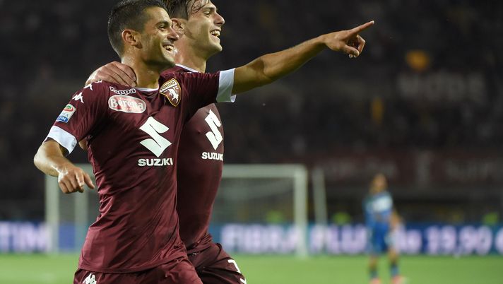 TURIN, ITALY - MAY 28:  (L-R) Iago Falque of FC Torino celebrates his first goal with Lucas Boye of FC Torino during the Serie A match between FC Torino and US Sassuolo at Stadio Olimpico di Torino on May 28, 2017 in Turin, Italy.  (Photo by Pier Marco Tacca/Getty Images) 