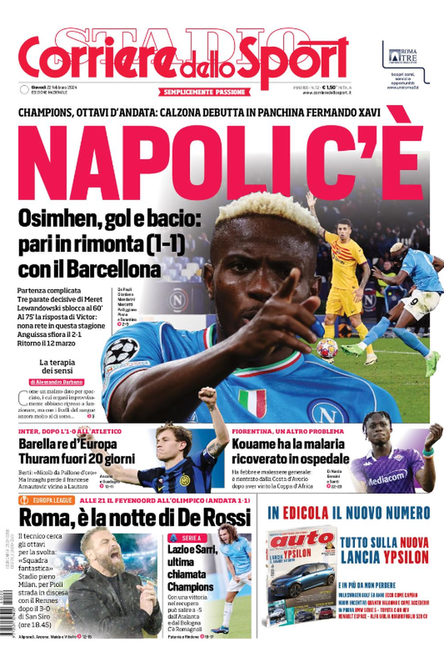 Prima Pagina Corriere dello Sport 22-02-2024