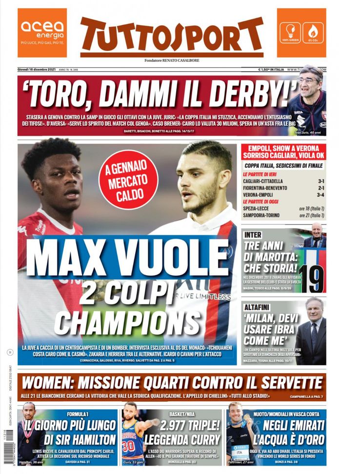 Prima Pagina, Tuttosport: “Max vuole 2 colpi Champions. Toro, dammi il derby!” - immagine 1