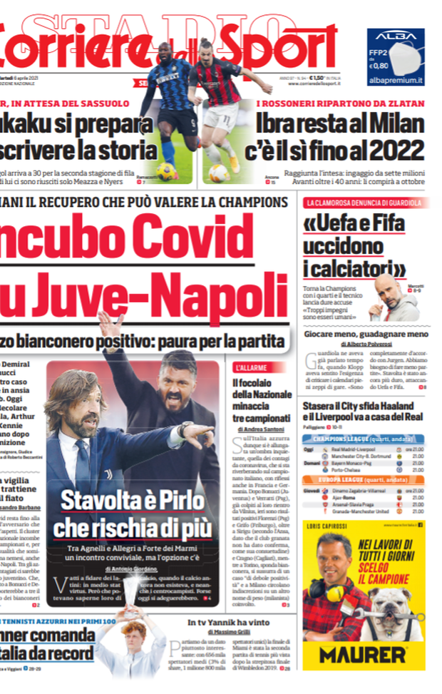 Prima Pagina, Corriere dello Sport: “Incubo Covid su Juve-Napoli. Ibra resta al Milan fino al 2022” 