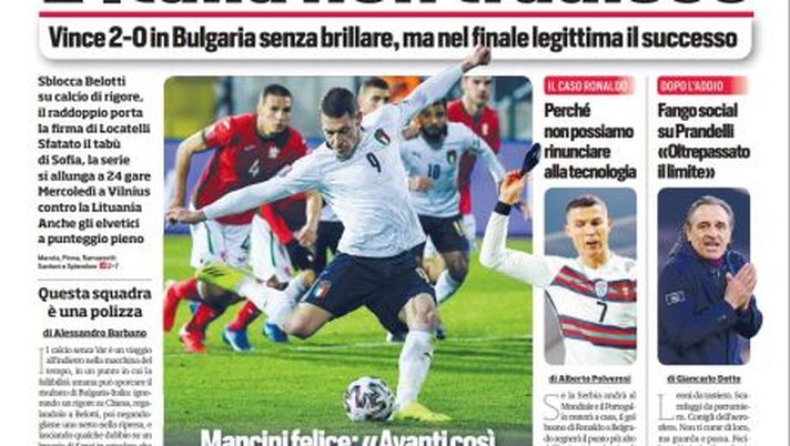 Prima Pagina, Corriere dello Sport: &#8220;L&#8217;Italia non tradisce. Vince 2-0 in Bulgaria senza brillare&#8221; 