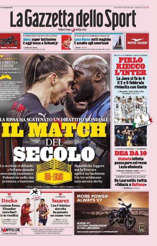 Prima Pagina, La Gazzetta dello Sport: “Il match del secolo. Pirlo, riecco l’Inter. Dea da 10” 