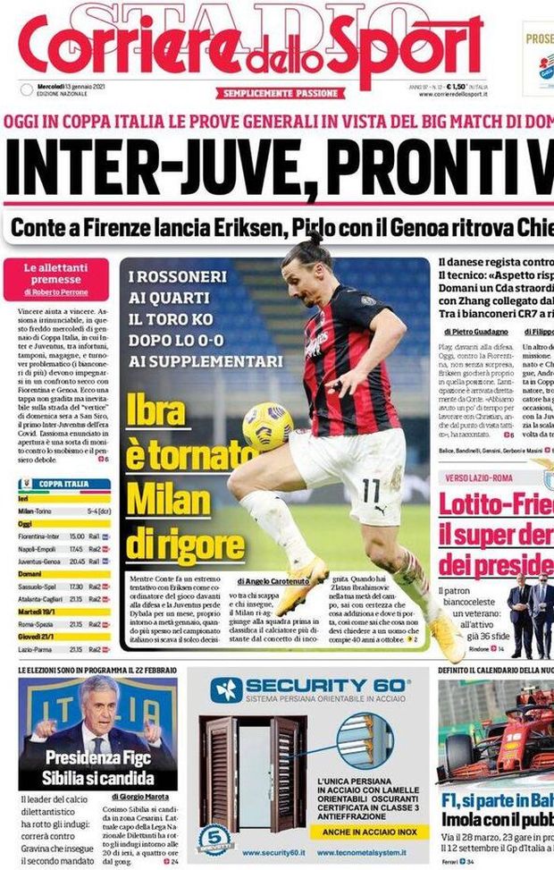 Il Corriere dello Sport, la prima pagina di oggi, mercoledì 13 gennaio 2021 Il Corriere dello Sport, la prima pagina di oggi, mercoledì 13 gennaio 2021